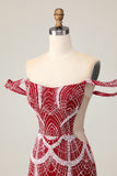 Off the Shoulder Bodycon Red Homecoming Dress with Sequins