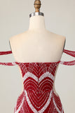 Off the Shoulder Bodycon Red Homecoming Dress with Sequins
