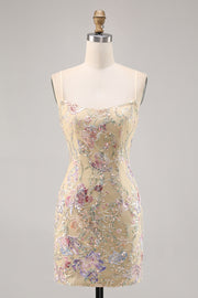 Sparkly Apricot Floral Embroidered Bodycon Homecoming Dress