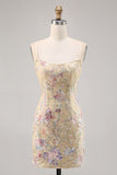 Sparkly Apricot Floral Embroidered Bodycon Homecoming Dress