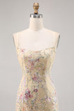 Sparkly Apricot Floral Embroidered Bodycon Homecoming Dress