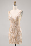 Sparkly Champagne Bodycon Beaded Homecoming Dress with Sequins