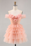 Cute Blush A-Line Tiered Short Homecoming Dress with 3D Flowers