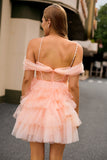Blush A Line Cold Shoulder Tiered Short Homecoming Dress with 3D Flowers