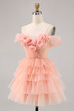 Cute Blush A-Line Tiered Short Homecoming Dress with 3D Flowers