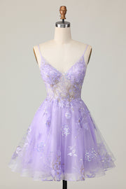 Sparkly Purple A Line Tulle Homecoming Dress with Appliques