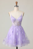 Sparkly Purple A Line Tulle Homecoming Dress with Appliques