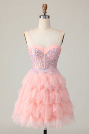 Pink A Line Corset Sequins Short Homecoming Dress with Ruffles
