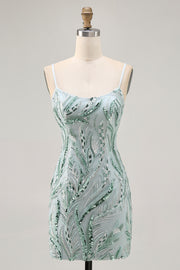 Green Bodycon Spaghetti Straps Beaded Homecoming Dress with Sequins