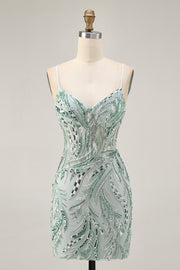 Green Beaded Bodycon Homecoming Dress with Lace Up Back