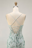 Green Beaded Bodycon Homecoming Dress with Lace Up Back