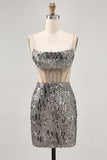Sparkly Steel Grey Beaded Sequins Bodycon Homecoming Dress