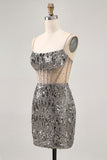 Sparkly Steel Grey Beaded Sequins Bodycon Homecoming Dress