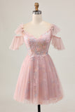 Blush A-Line Cold Shoulder Floral Short Homecoming Dress with Appliques