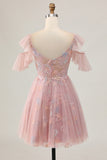 Blush A-Line Cold Shoulder Floral Short Homecoming Dress with Appliques