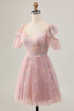 Blush A-Line Cold Shoulder Floral Short Homecoming Dress with Appliques