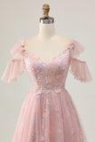 Blush A-Line Cold Shoulder Floral Short Homecoming Dress with Appliques