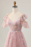 Blush A-Line Cold Shoulder Floral Short Homecoming Dress with Appliques