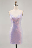 Lilac Bodycon Sequins Short Spaghetti Straps Homecoming Dress