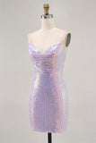 Lilac Bodycon Sequins Short Spaghetti Straps Homecoming Dress