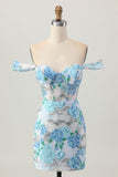 White Blue Flower Bodycon Off the Shoulder Sequins Short Homecoming Dress