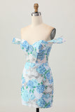 White Blue Flower Bodycon Off the Shoulder Sequins Short Homecoming Dress