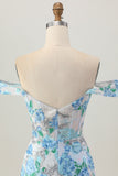 White Blue Flower Bodycon Off the Shoulder Sequins Short Homecoming Dress