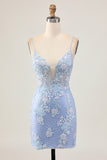 Light Blue Bodycon Floral Sequins Homecoming Dress with Appliques