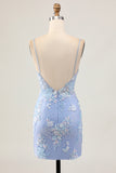 Light Blue Bodycon Floral Sequins Homecoming Dress with Appliques