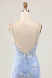 Light Blue Bodycon Floral Sequins Homecoming Dress with Appliques