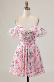 Pink Floral A Line Cold Shoulder Short Homecoming Dress