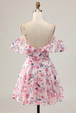 Pink Floral A Line Cold Shoulder Short Homecoming Dress