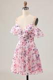 Pink Floral A Line Cold Shoulder Short Homecoming Dress