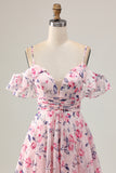 Pink Floral A Line Cold Shoulder Short Homecoming Dress
