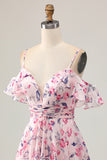 Pink Floral A Line Cold Shoulder Short Homecoming Dress