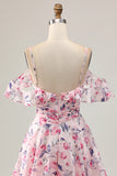 Pink Floral A Line Cold Shoulder Short Homecoming Dress