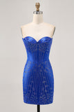 Strapless Royal Blue Beaded Bodycon Short Homecoming Dress