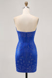 Strapless Royal Blue Beaded Bodycon Short Homecoming Dress