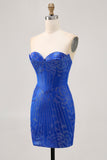 Strapless Royal Blue Beaded Bodycon Short Homecoming Dress