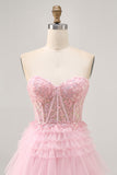 Strapless Pink A Line Corset Homecoming Dress with Appliques