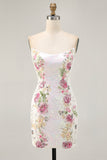 Floral Strapless Sequins Bodycon White Homecoming Dress