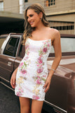 Floral Strapless Sequins Bodycon White Homecoming Dress