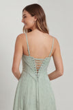Sage Green Corset A Line Long Bridesmaid Dress with Lace Up Back
