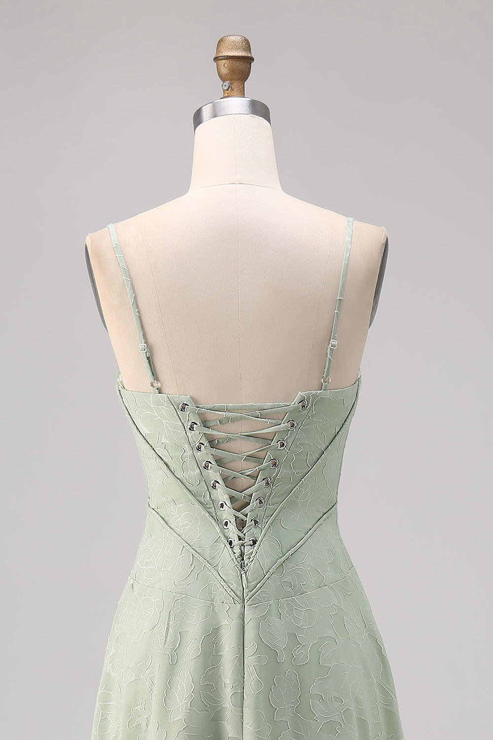 Zapaka Women Sage Green Lace Bridesmaid Dress Corset A Line Spaghetti