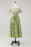 Sage Green Floral A Line Off The Shoulder Midi Bridesmaid Dress