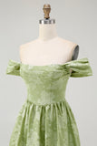 Sage Green Floral A Line Off The Shoulder Midi Bridesmaid Dress