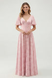 Green Floral A Line V-Neck Long Bridesmaid Dress with Short Sleeves