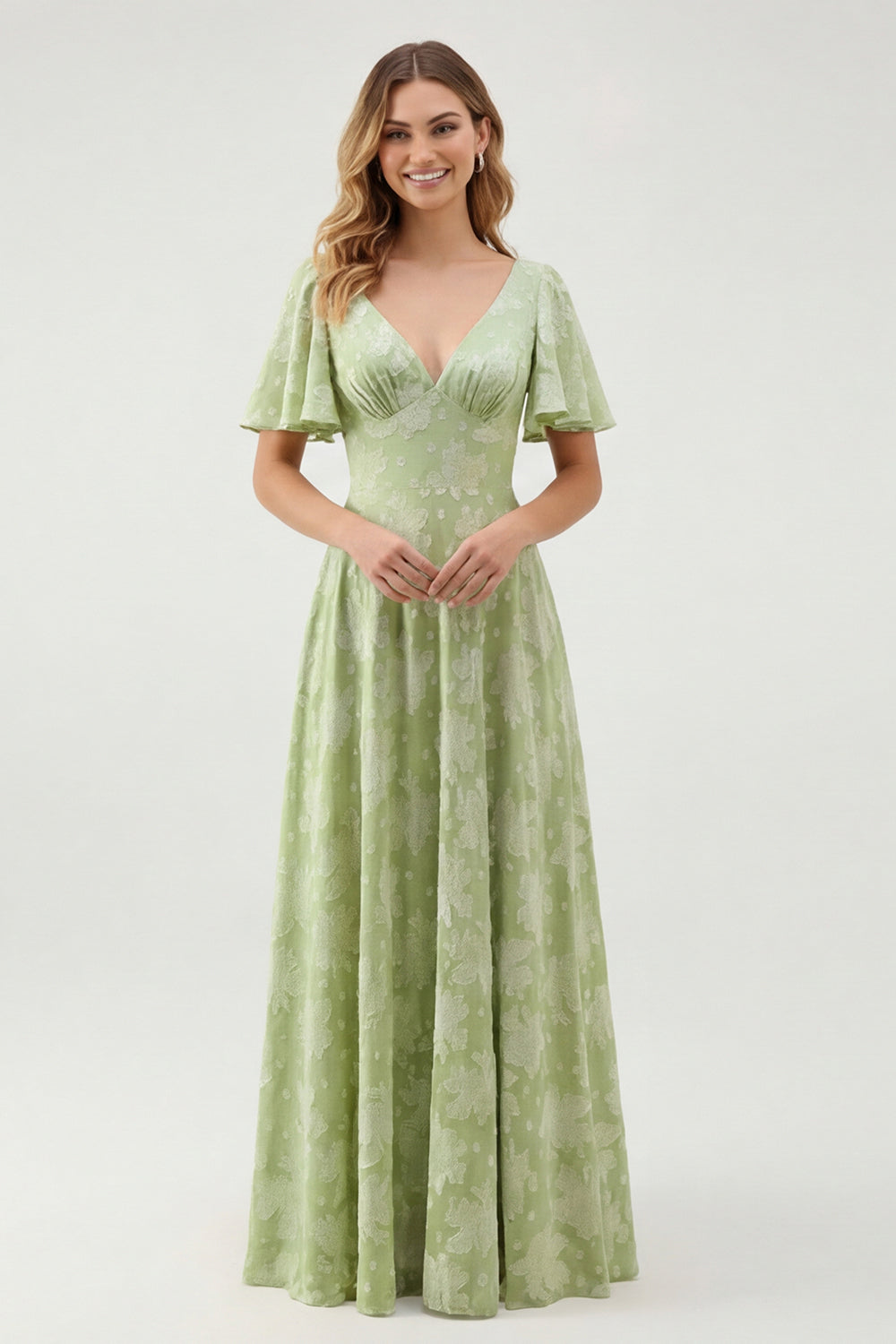 Zapaka Women Green Floral Bridesmaid Dress A Line V-Neck Short Sleeve Long Wedding Guest Dress, Dusty Blue / US22W Zapaka Women Green Floral Bridesmaid Dress A Line V-Neck Short Sleeve Long Wedding Guest Dress, Dusty Blue / US22W