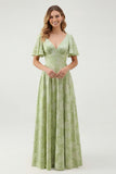 Green Floral A Line V-Neck Long Bridesmaid Dress with Short Sleeves