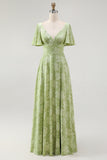 Green Floral A Line Short Sleeve Bridesmaid Dress